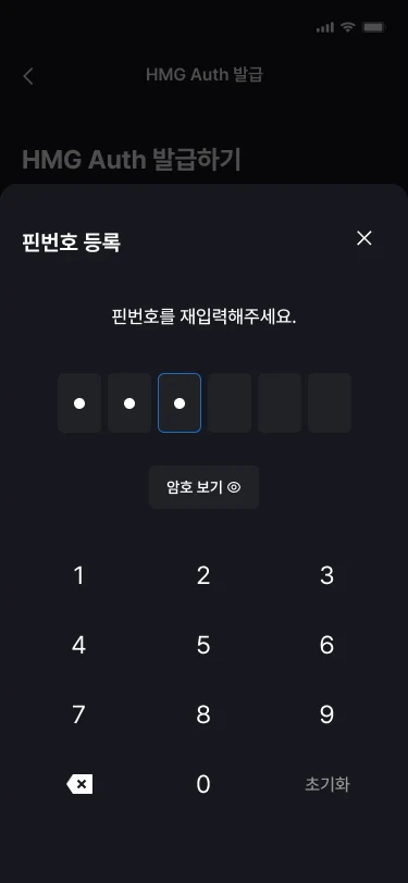 HMG Auth 앱 다크모드 핀번호 등록 화면